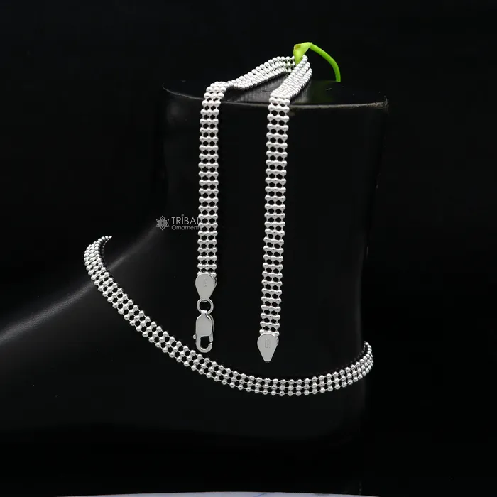 TRIBAL ORNAMENTS 105 925 sterling silver triple line beadedball chain anklet bracelet light weight delicate anklets belly dance silver jewelry ank613 Bracelets