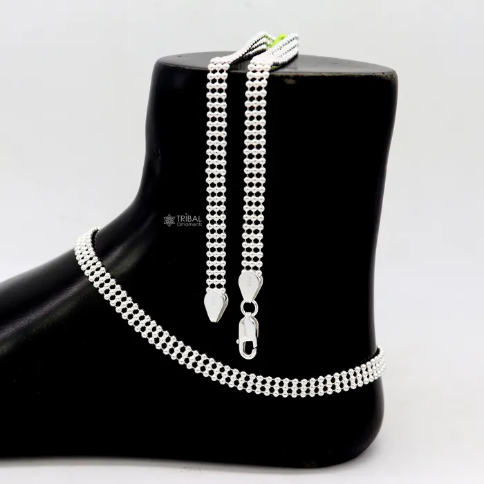 TRIBAL ORNAMENTS 105 925 sterling silver triple line beadedball chain anklet bracelet light weight delicate anklets belly dance silver jewelry ank613 Bracelets