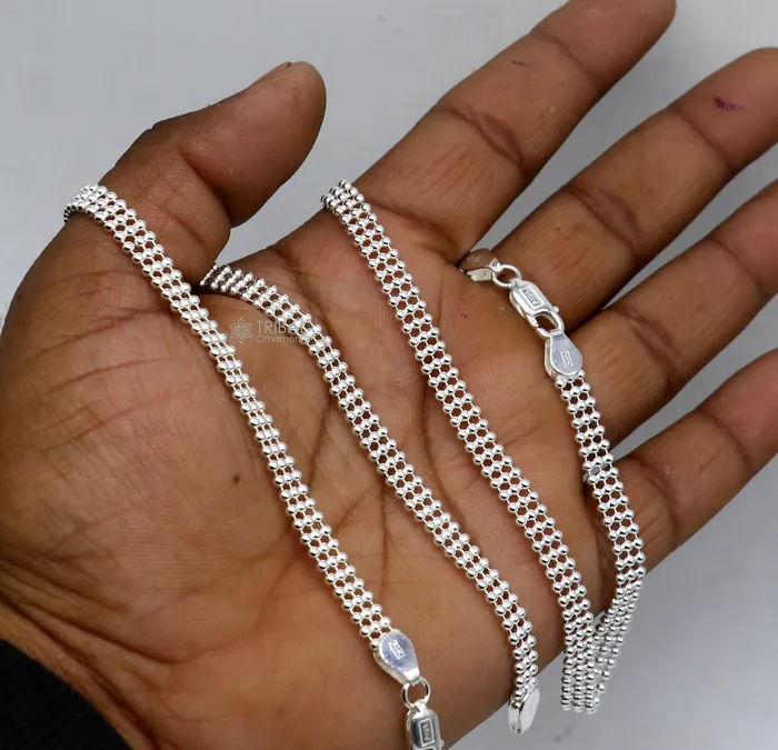 TRIBAL ORNAMENTS 105 925 sterling silver triple line beadedball chain anklet bracelet light weight delicate anklets belly dance silver jewelry ank613 Bracelets