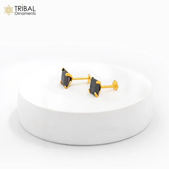 TRIBAL ORNAMENTS 6mm 18kt yellow gold handmade single black stone back screw stud earring cartilage customized unisex jewelry er139 Earrings TRIBAL ORNAMENTS 6mm 18kt yellow gold handmade single black stone back screw stud earring cartilage customized unisex jewelry er139 Earrings