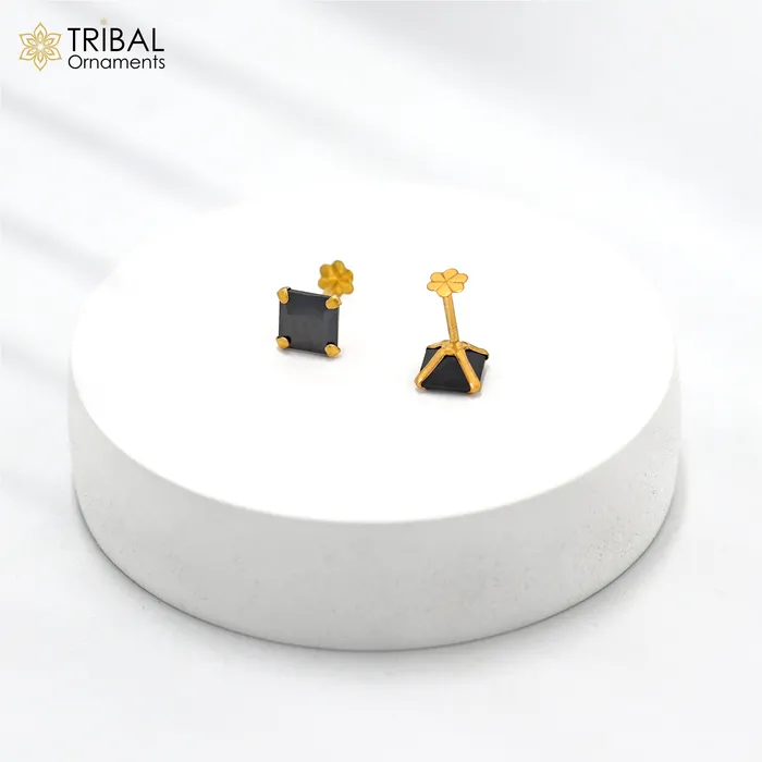 TRIBAL ORNAMENTS 6mm 18kt yellow gold handmade single black stone back screw stud earring cartilage customized unisex jewelry er139 Earrings