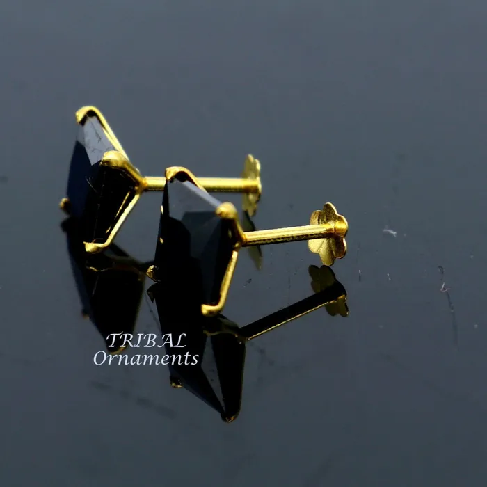 TRIBAL ORNAMENTS 6mm 18kt yellow gold handmade single black stone back screw stud earring cartilage customized unisex jewelry er139 Earrings