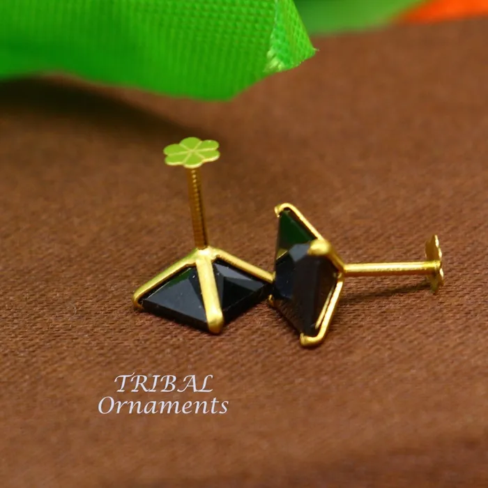 TRIBAL ORNAMENTS 6mm 18kt yellow gold handmade single black stone back screw stud earring cartilage customized unisex jewelry er139 Earrings