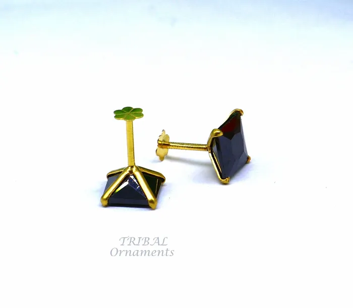 TRIBAL ORNAMENTS 6mm 18kt yellow gold handmade single black stone back screw stud earring cartilage customized unisex jewelry er139 Earrings