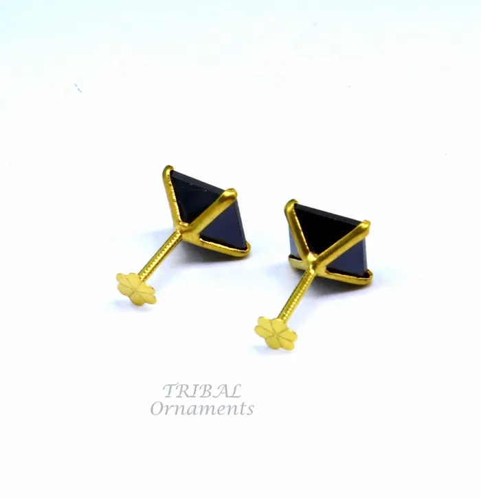 TRIBAL ORNAMENTS 6mm 18kt yellow gold handmade single black stone back screw stud earring cartilage customized unisex jewelry er139 Earrings