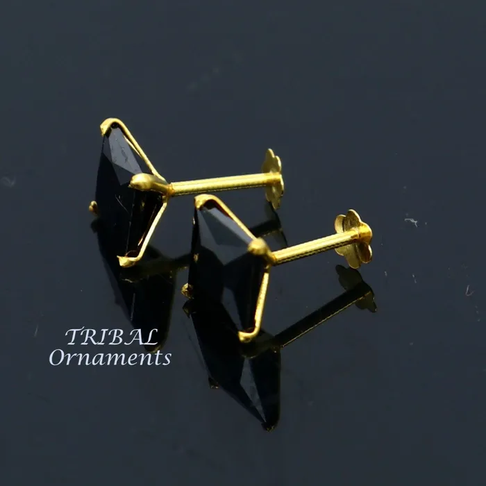 TRIBAL ORNAMENTS 6mm 18kt yellow gold handmade single black stone back screw stud earring cartilage customized unisex jewelry er139 Earrings