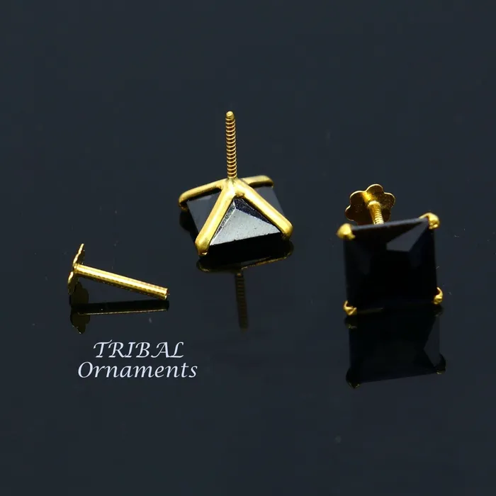 TRIBAL ORNAMENTS 6mm 18kt yellow gold handmade single black stone back screw stud earring cartilage customized unisex jewelry er139 Earrings