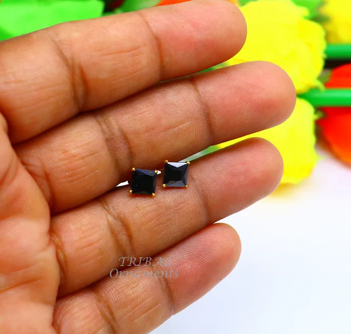 TRIBAL ORNAMENTS 6mm 18kt yellow gold handmade single black stone back screw stud earring cartilage customized unisex jewelry er139 Earrings