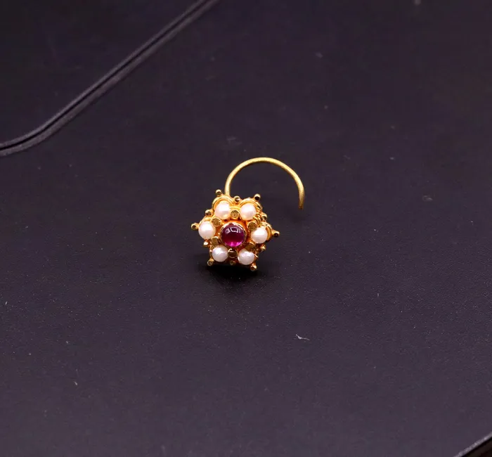 TRIBAL ORNAMENTS 6mm white pearl and red stone fabulous 20kt yellow gold nose pin nose stud Indian vintage antique design handmade tribal jewelry gnp25 Earrings
