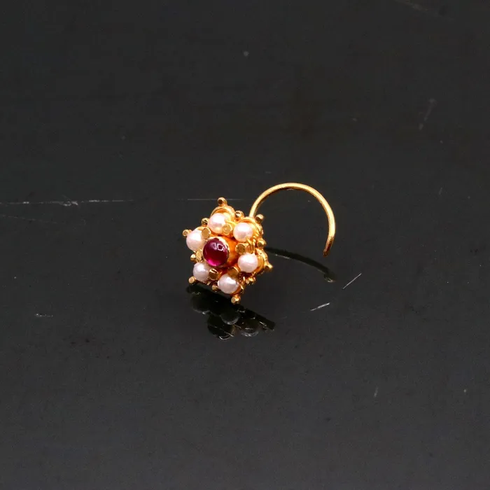 TRIBAL ORNAMENTS 6mm white pearl and red stone fabulous 20kt yellow gold nose pin nose stud Indian vintage antique design handmade tribal jewelry gnp25 Earrings