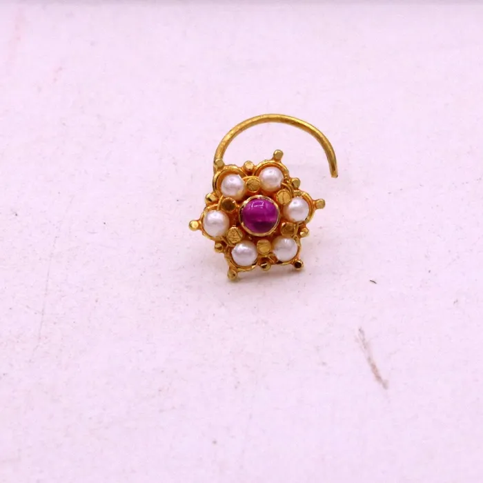 TRIBAL ORNAMENTS 6mm white pearl and red stone fabulous 20kt yellow gold nose pin nose stud Indian vintage antique design handmade tribal jewelry gnp25 Earrings