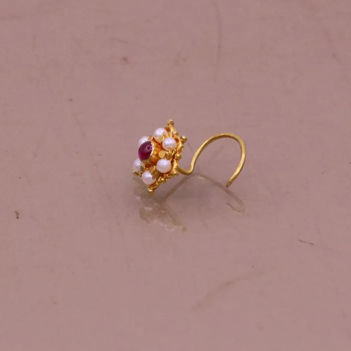 TRIBAL ORNAMENTS 6mm white pearl and red stone fabulous 20kt yellow gold nose pin nose stud Indian vintage antique design handmade tribal jewelry gnp25 Earrings
