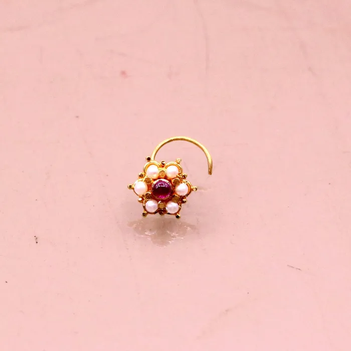 TRIBAL ORNAMENTS 6mm white pearl and red stone fabulous 20kt yellow gold nose pin nose stud Indian vintage antique design handmade tribal jewelry gnp25 Earrings