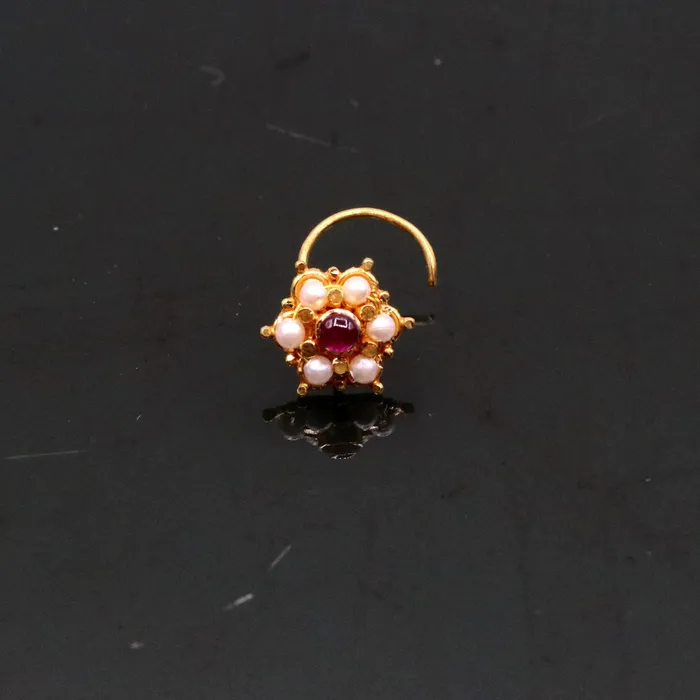 TRIBAL ORNAMENTS 6mm white pearl and red stone fabulous 20kt yellow gold nose pin nose stud Indian vintage antique design handmade tribal jewelry gnp25 Earrings