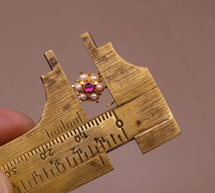 TRIBAL ORNAMENTS 6mm white pearl and red stone fabulous 20kt yellow gold nose pin nose stud Indian vintage antique design handmade tribal jewelry gnp25 Earrings