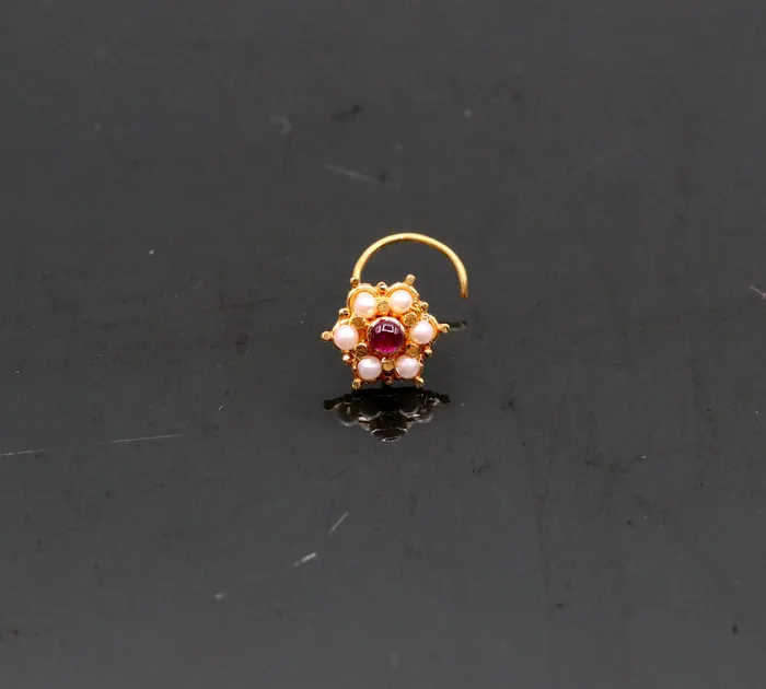 TRIBAL ORNAMENTS 6mm white pearl and red stone fabulous 20kt yellow gold nose pin nose stud Indian vintage antique design handmade tribal jewelry gnp25 Earrings