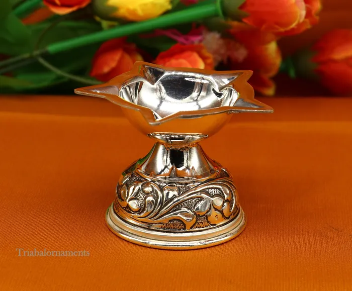 TRIBAL ORNAMENTS 925 sterling silver gorgeous chitai work kandrai work design oil lamp silver Deepak silver temple article Diwali puja utensils art su498 Rings