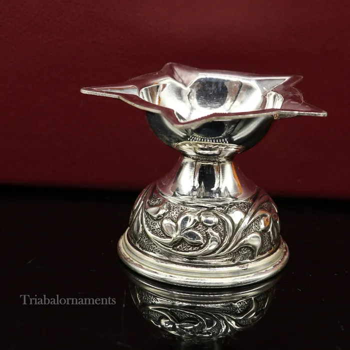 TRIBAL ORNAMENTS 925 sterling silver gorgeous chitai work kandrai work design oil lamp silver Deepak silver temple article Diwali puja utensils art su498 Rings