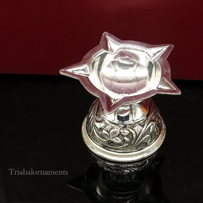 TRIBAL ORNAMENTS 925 sterling silver gorgeous chitai work kandrai work design oil lamp silver Deepak silver temple article Diwali puja utensils art su498 Rings