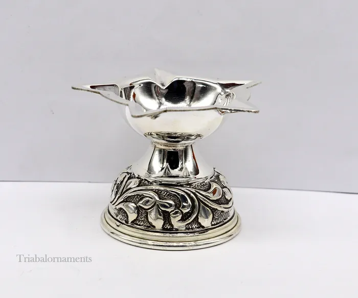 TRIBAL ORNAMENTS 925 sterling silver gorgeous chitai work kandrai work design oil lamp silver Deepak silver temple article Diwali puja utensils art su498 Rings