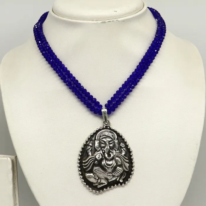 TRIBAL ORNAMENTS 925 sterling silver handmade Gorgeous blue agates stone beads string Ganesha pendant adjustable necklace tribal temple jewelry set194 Necklaces