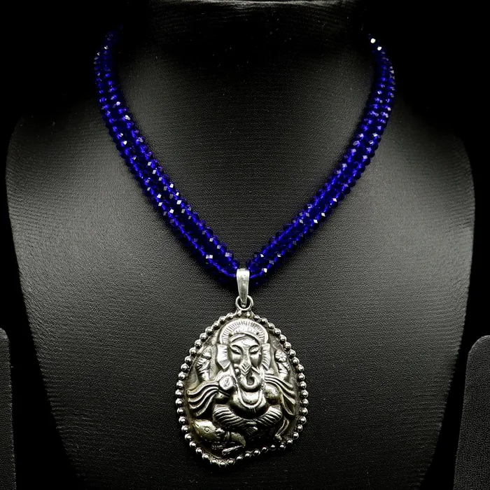 TRIBAL ORNAMENTS 925 sterling silver handmade Gorgeous blue agates stone beads string Ganesha pendant adjustable necklace tribal temple jewelry set194 Necklaces