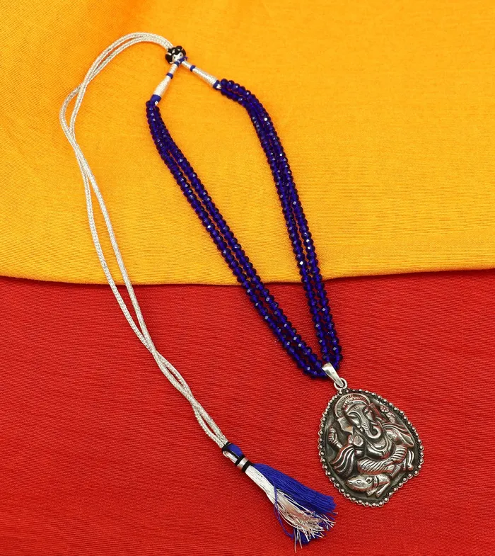 TRIBAL ORNAMENTS 925 sterling silver handmade Gorgeous blue agates stone beads string Ganesha pendant adjustable necklace tribal temple jewelry set194 Necklaces