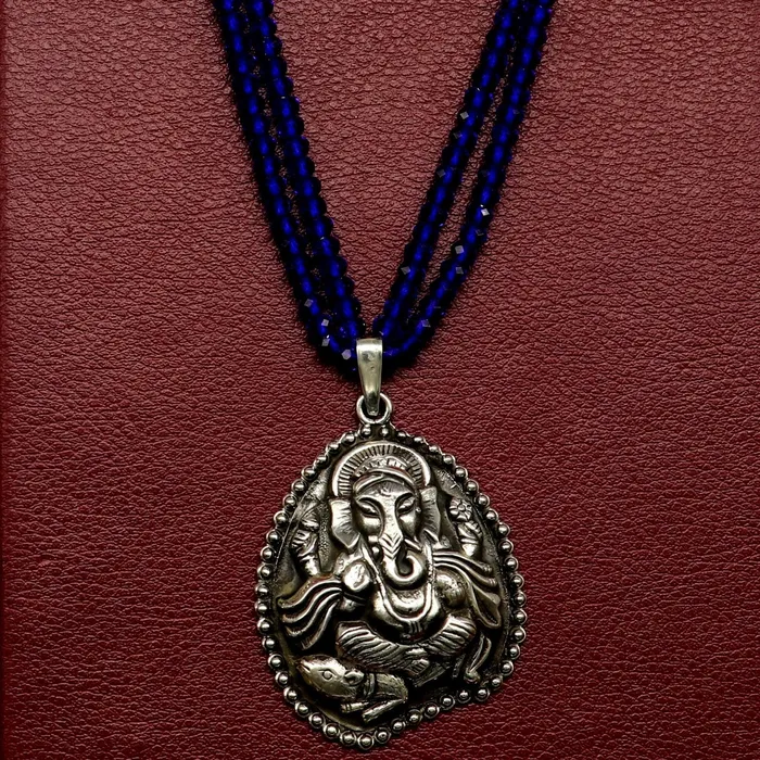 TRIBAL ORNAMENTS 925 sterling silver handmade Gorgeous blue agates stone beads string Ganesha pendant adjustable necklace tribal temple jewelry set194 Necklaces