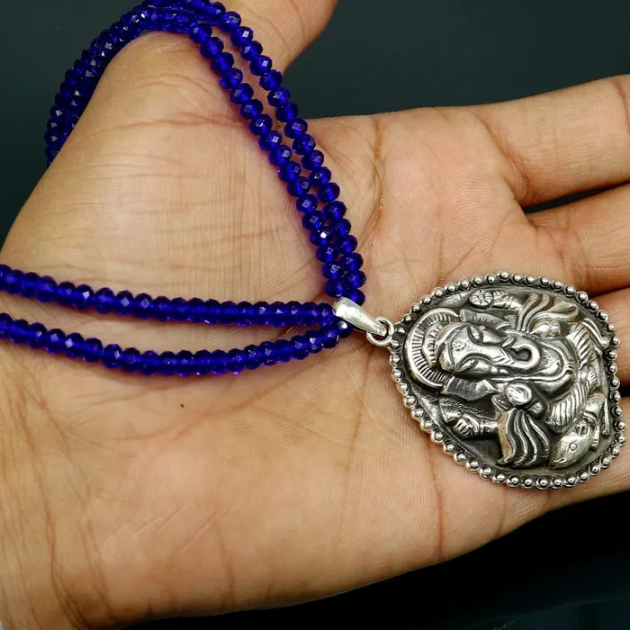 TRIBAL ORNAMENTS 925 sterling silver handmade Gorgeous blue agates stone beads string Ganesha pendant adjustable necklace tribal temple jewelry set194 Necklaces