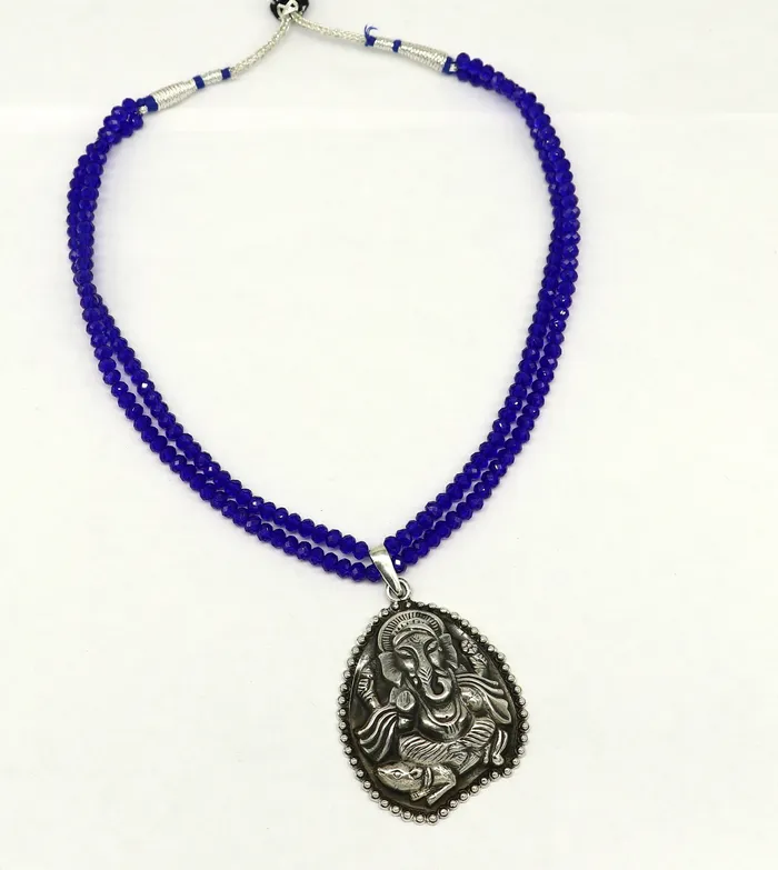 TRIBAL ORNAMENTS 925 sterling silver handmade Gorgeous blue agates stone beads string Ganesha pendant adjustable necklace tribal temple jewelry set194 Necklaces