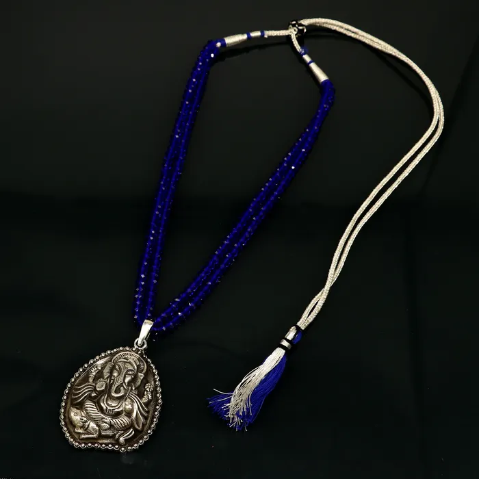 TRIBAL ORNAMENTS 925 sterling silver handmade Gorgeous blue agates stone beads string Ganesha pendant adjustable necklace tribal temple jewelry set194 Necklaces