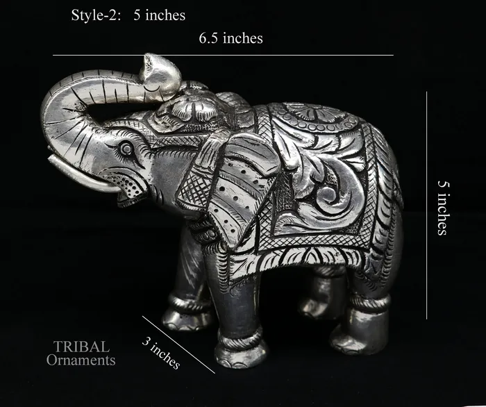 TRIBAL ORNAMENTS 999 fine silver handcrafted Nakshi design wooden base upper trunk Elephant statue puja article figurine for wealth prosperity art533 Necklaces
