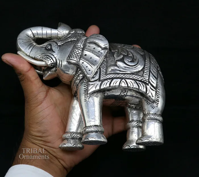 TRIBAL ORNAMENTS 999 fine silver handcrafted Nakshi design wooden base upper trunk Elephant statue puja article figurine for wealth prosperity art533 Necklaces