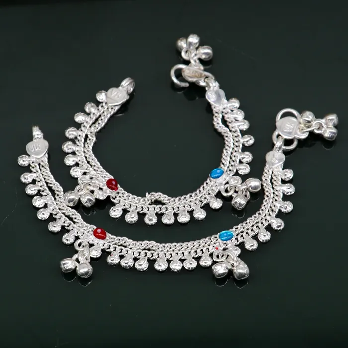 TRIBAL ORNAMENTS Bracelets 55 inches Sterling silver handmade double chain ankle bracelet baby anklet noisy sound bells customized charm foot bracelet ank305 TRIBAL ORNAMENTS Bracelets 55 inches Sterling silver handmade double chain ankle bracelet baby anklet noisy sound bells customized charm foot bracelet ank305