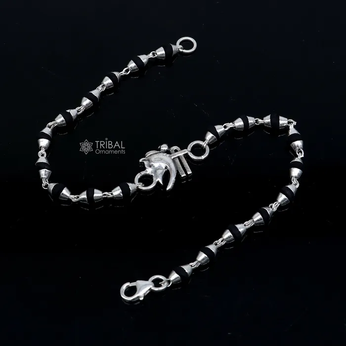 TRIBAL ORNAMENTS Bracelets 925 sterling silver handmad Shree ganesha design holy basil rosary beads Rakhi bracelet black Tulsi beaded bracelet rk396