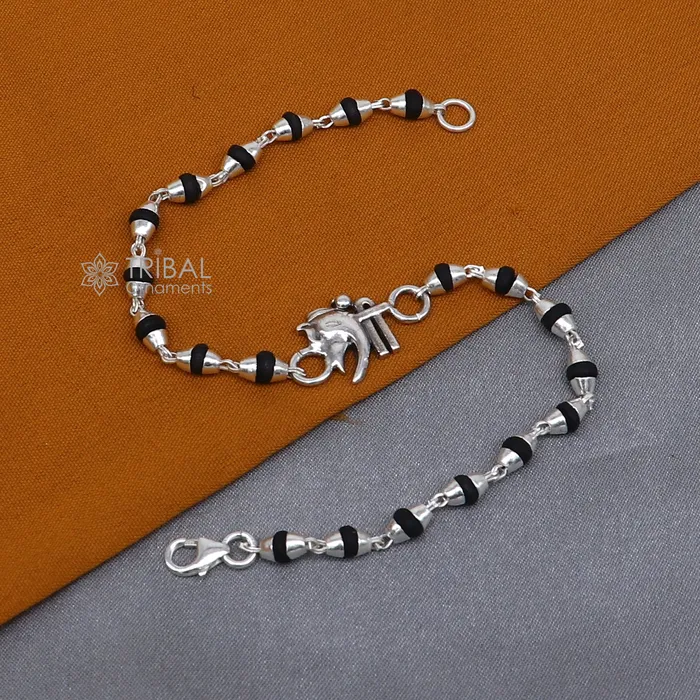 TRIBAL ORNAMENTS Bracelets 925 sterling silver handmad Shree ganesha design holy basil rosary beads Rakhi bracelet black Tulsi beaded bracelet rk396