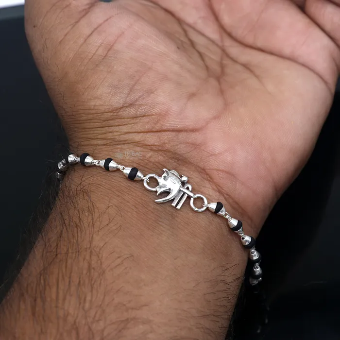 TRIBAL ORNAMENTS Bracelets 925 sterling silver handmad Shree ganesha design holy basil rosary beads Rakhi bracelet black Tulsi beaded bracelet rk396