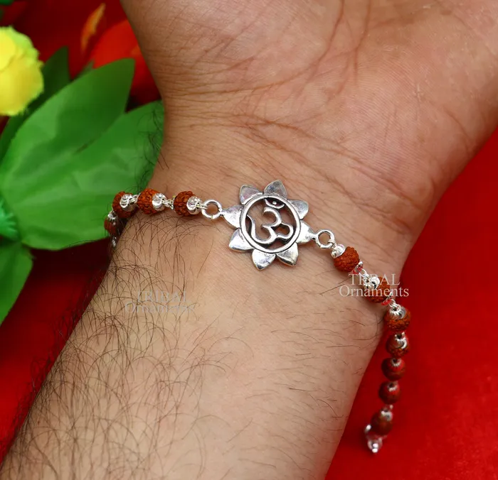 TRIBAL ORNAMENTS Bracelets 925 sterling silver handmade flower Aum OM design Rakhi bracelet amazing Rudraksha or Tulsi beaded bracelet use as daily use jewelry rk190 TRIBAL ORNAMENTS Bracelets 925 sterling silver handmade flower Aum OM design Rakhi bracelet amazing Rudraksha or Tulsi beaded bracelet use as daily use jewelry rk190
