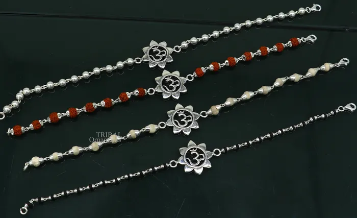 TRIBAL ORNAMENTS Bracelets 925 sterling silver handmade flower Aum OM design Rakhi bracelet amazing Rudraksha or Tulsi beaded bracelet use as daily use jewelry rk190