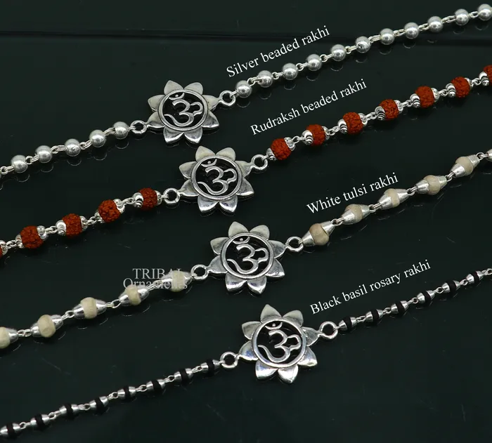 TRIBAL ORNAMENTS Bracelets 925 sterling silver handmade flower Aum OM design Rakhi bracelet amazing Rudraksha or Tulsi beaded bracelet use as daily use jewelry rk190
