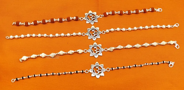 TRIBAL ORNAMENTS Bracelets 925 sterling silver handmade flower Aum OM design Rakhi bracelet amazing Rudraksha or Tulsi beaded bracelet use as daily use jewelry rk190