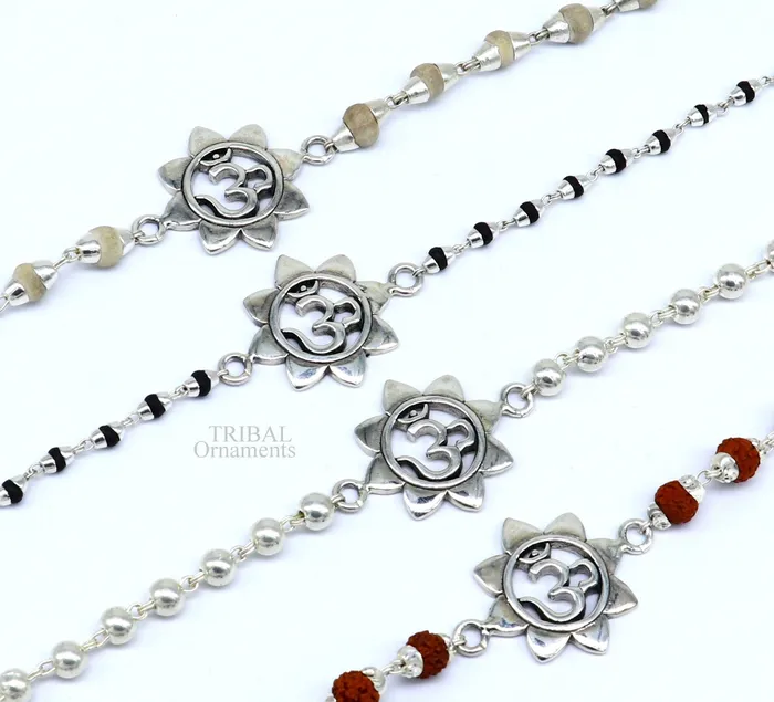 TRIBAL ORNAMENTS Bracelets 925 sterling silver handmade flower Aum OM design Rakhi bracelet amazing Rudraksha or Tulsi beaded bracelet use as daily use jewelry rk190