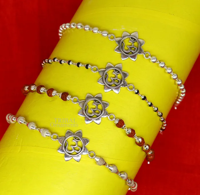 TRIBAL ORNAMENTS Bracelets 925 sterling silver handmade flower Aum OM design Rakhi bracelet amazing Rudraksha or Tulsi beaded bracelet use as daily use jewelry rk190