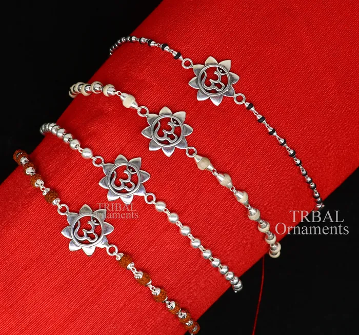 TRIBAL ORNAMENTS Bracelets 925 sterling silver handmade flower Aum OM design Rakhi bracelet amazing Rudraksha or Tulsi beaded bracelet use as daily use jewelry rk190