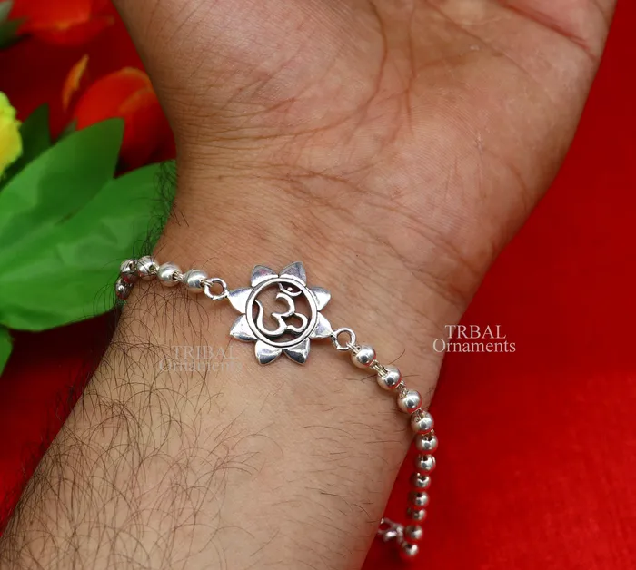 TRIBAL ORNAMENTS Bracelets 925 sterling silver handmade flower Aum OM design Rakhi bracelet amazing Rudraksha or Tulsi beaded bracelet use as daily use jewelry rk190
