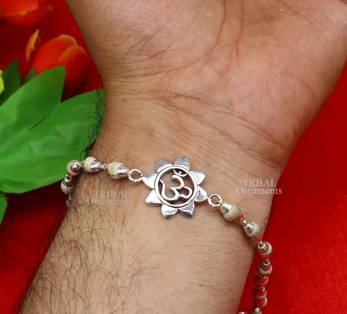 TRIBAL ORNAMENTS Bracelets 925 sterling silver handmade flower Aum OM design Rakhi bracelet amazing Rudraksha or Tulsi beaded bracelet use as daily use jewelry rk190