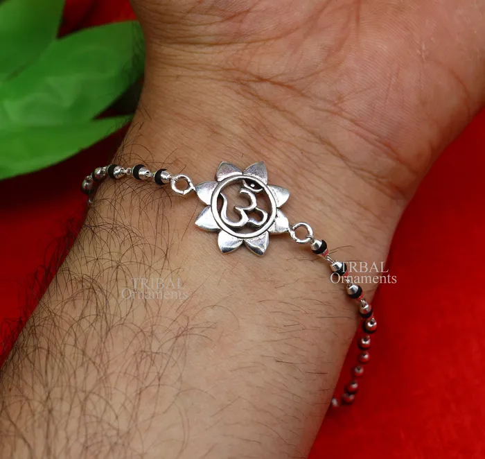 TRIBAL ORNAMENTS Bracelets 925 sterling silver handmade flower Aum OM design Rakhi bracelet amazing Rudraksha or Tulsi beaded bracelet use as daily use jewelry rk190