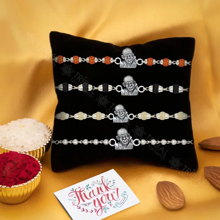 TRIBAL ORNAMENTS Bracelets Amazing Sai baba face design 925 sterling silver Rakhi bracelet in rudrakshblack basilwhite basil and silver beaded chain rk276 TRIBAL ORNAMENTS Bracelets Amazing Sai baba face design 925 sterling silver Rakhi bracelet in rudrakshblack basilwhite basil and silver beaded chain rk276