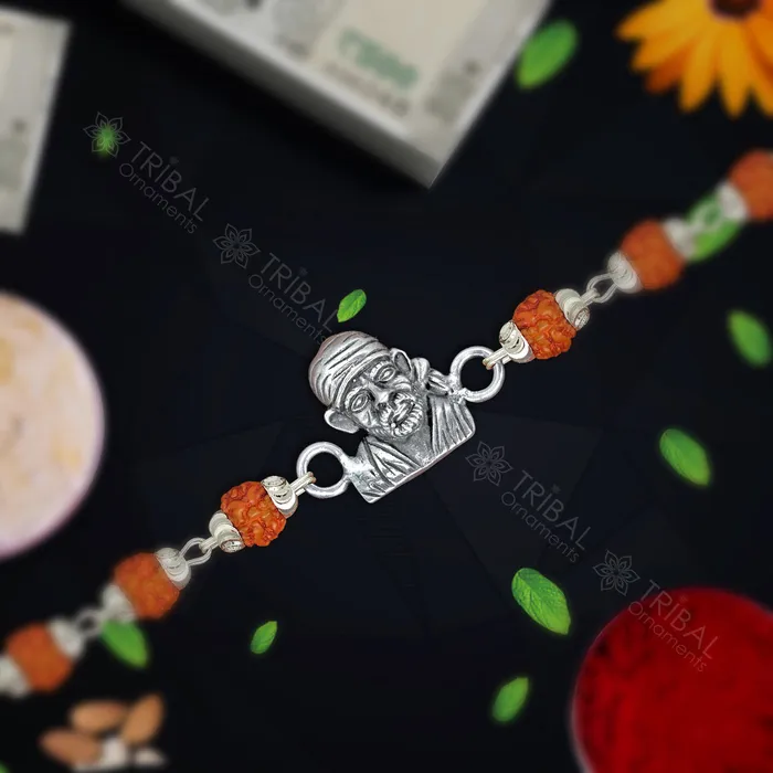 TRIBAL ORNAMENTS Bracelets Amazing Sai baba face design 925 sterling silver Rakhi bracelet in rudrakshblack basilwhite basil and silver beaded chain rk276 TRIBAL ORNAMENTS Bracelets Amazing Sai baba face design 925 sterling silver Rakhi bracelet in rudrakshblack basilwhite basil and silver beaded chain rk276
