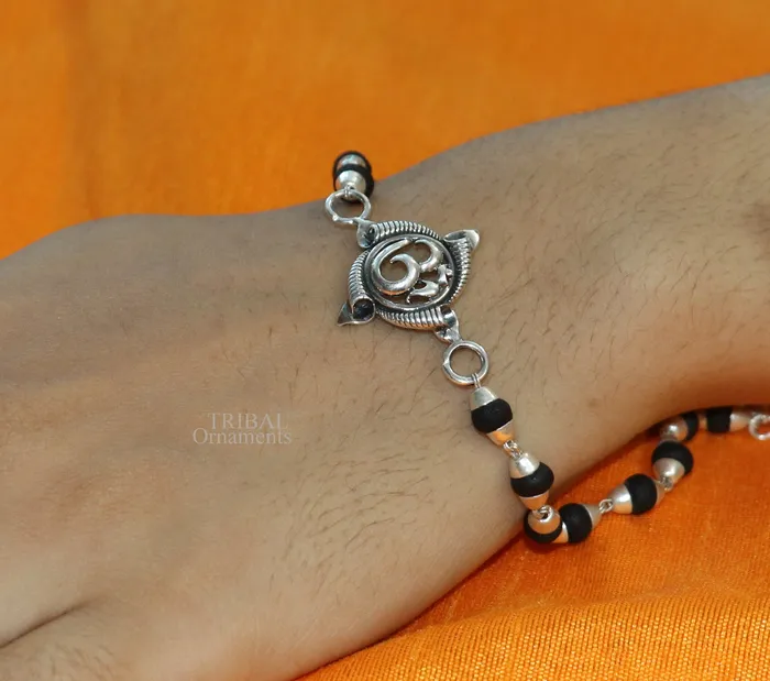 TRIBAL ORNAMENTS Bracelets Divine Aum OM Rakhi 925 sterling silver handmade stylish gorgeous Rakhi bracelet amazing Rudraksha Tulsi beaded bracelet Rakhi rk186 TRIBAL ORNAMENTS Bracelets Divine Aum OM Rakhi 925 sterling silver handmade stylish gorgeous Rakhi bracelet amazing Rudraksha Tulsi beaded bracelet Rakhi rk186